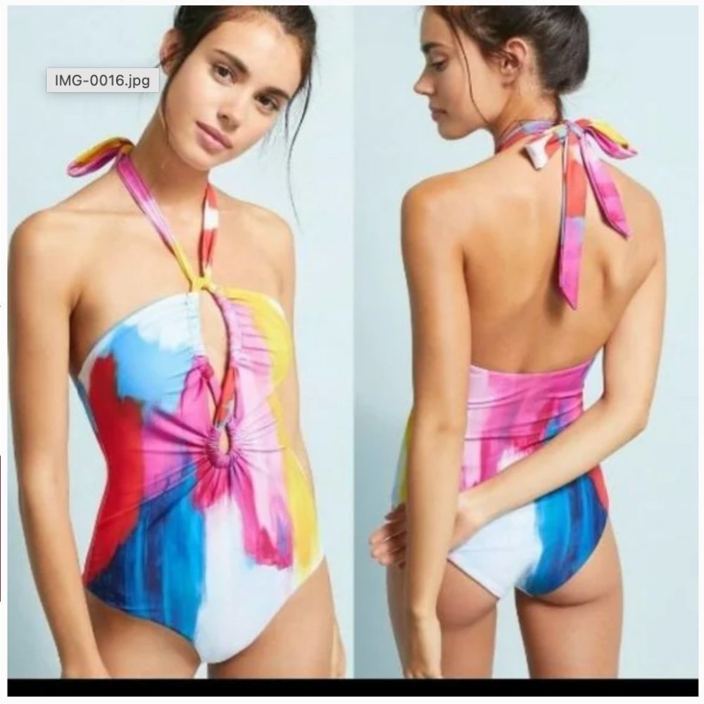 MARA HOFFMAN AYA BRUSHSTROKE PRINT HALTER ONE-PIECE SWIMSUIT